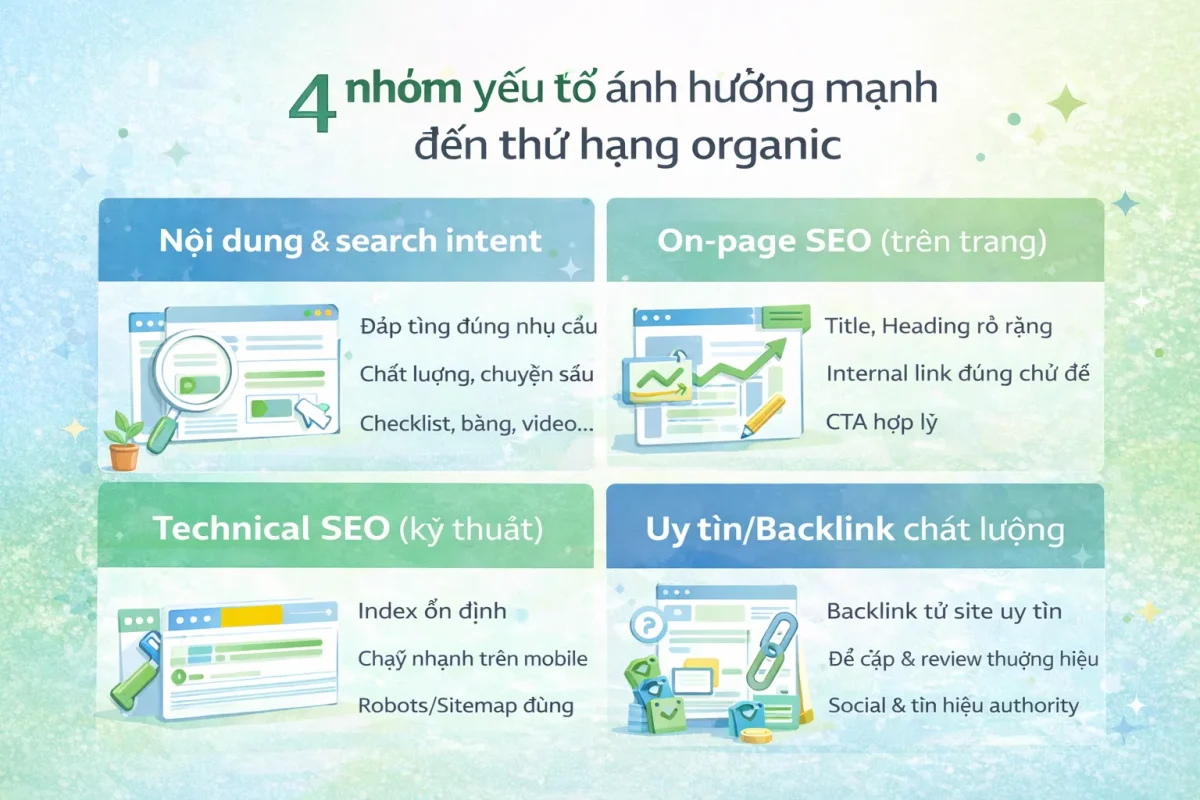 4 nhóm yếu tố ảnh hưởng mạnh đến thứ hạng organic