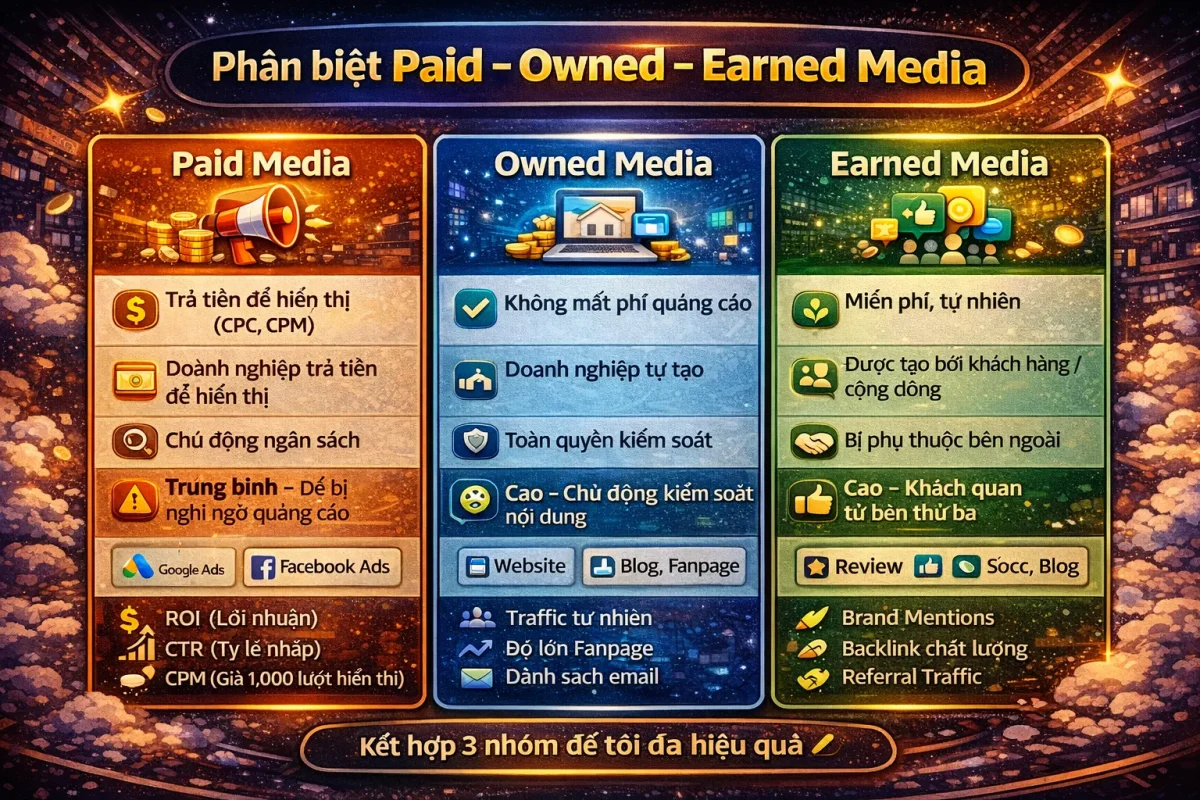 Phân biệt Earned Media, Paid Media và Owned Media