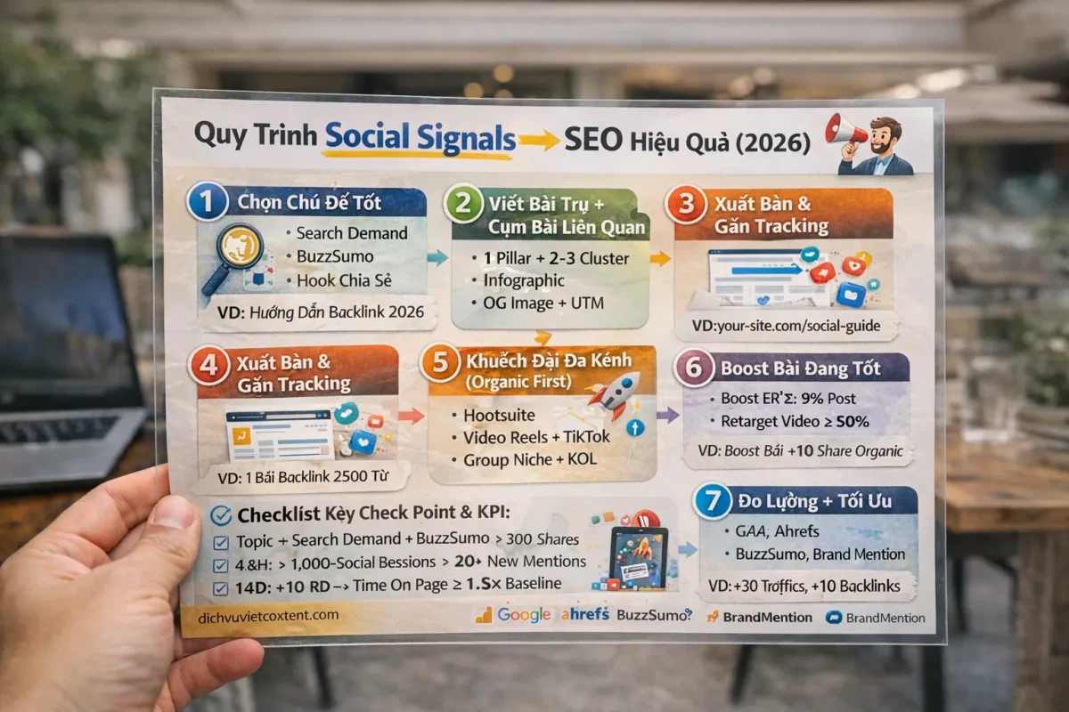 Quy trình 7 bước triển khai Social Signals → SEO (bản chi tiết)