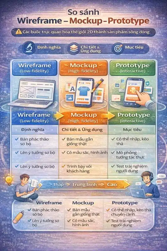 so sánh mokup vs wireframe-prototype