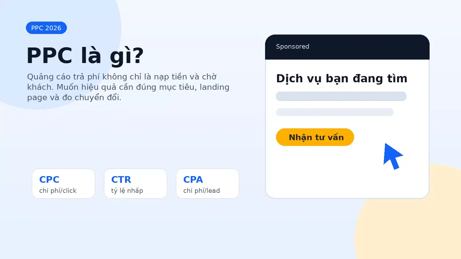 PPC search ads gồm keyword, search term, bidding, quảng cáo và landing page